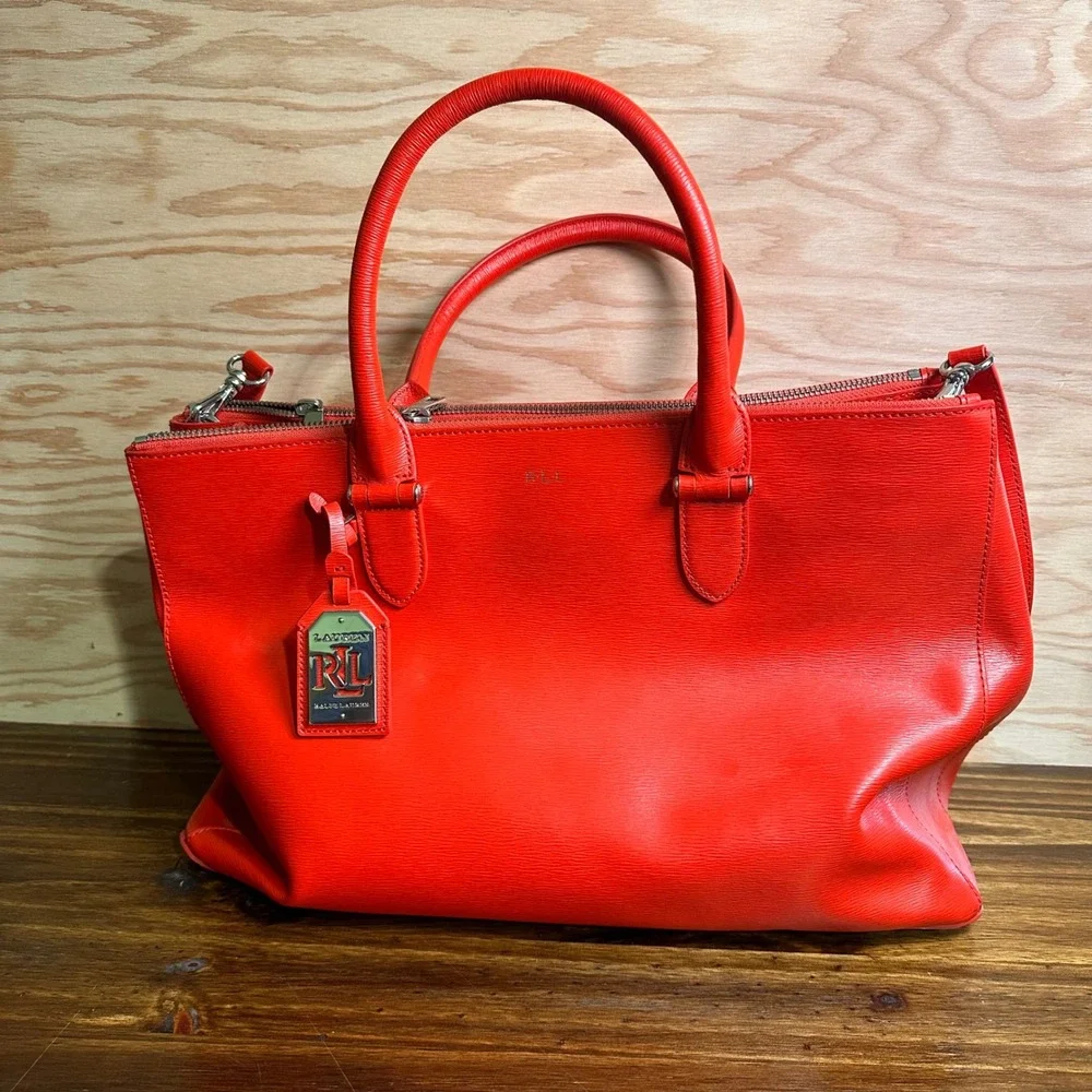 Lauren Ralph Lauren Newbury Double Zip Leather Satchel Crossbody Bag Red